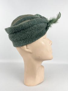 Original 1930's Sage Green Mohair, Crepe and Feather Turban Hat