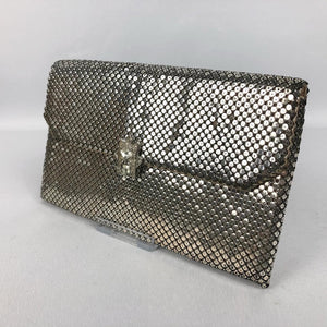 Original 1940s 1950s Whiting and Davis Clutch Purse in Silver with Clear Paste Clasp