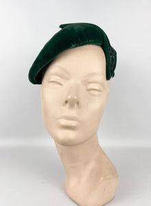 Original 1950's Rich Green Cotton Velvet Hat with Leaf Detail and Sequin Trim