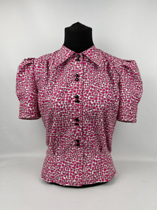 1940's Reproduction Novelty Print Cotton Blouse with Valentine Heart Print - Bust 34" 35" 36"