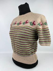 Original 1950s Fair Isle Roses Knit with Colourful Stripes - Bust 36 37