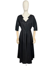 Load image into Gallery viewer, Original 1950&#39;s Inky Black Taffeta Cocktail Dress - Fabulous Little Black Dress with Full Skirt and Black and Gold Buttons - Bust 34 35 36
