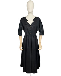 Original 1950's Inky Black Taffeta Cocktail Dress - Fabulous Little Black Dress with Full Skirt and Black and Gold Buttons - Bust 34 35 36