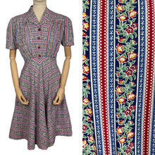 Load image into Gallery viewer, Original 1940&#39;s Floral Stripe Cotton Day Dress with Chevron Skirt - Bust 38 *
