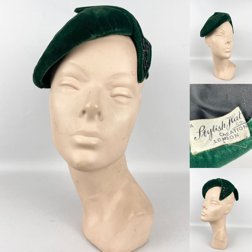 Original 1950's Rich Green Cotton Velvet Hat with Leaf Detail and Sequin Trim