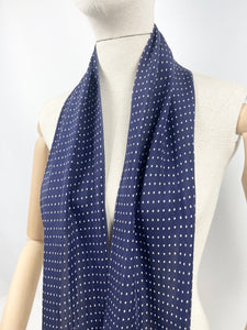 Original 1930's Dark Blue Dagger Point Scarf with Fine Polka Dot Detail - Great Christmas Gift