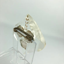 Load image into Gallery viewer, Original 1940s 1950s Reverse Carved Lucite Brooch with Curved Edge and Triple Rose Carving
