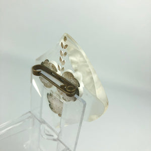 Original 1940s 1950s Reverse Carved Lucite Brooch with Curved Edge and Triple Rose Carving