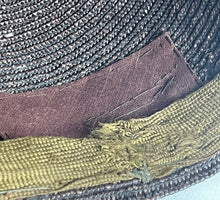 Load image into Gallery viewer, Original 1930s Brown Straw Cloche Hat with Rust Coloured Polka Dot Ribbon Trim and Metal Feather Trim
