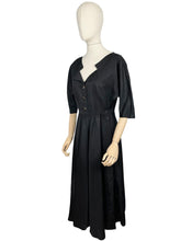 Load image into Gallery viewer, Original 1950&#39;s Inky Black Taffeta Cocktail Dress - Fabulous Little Black Dress with Full Skirt and Black and Gold Buttons - Bust 34 35 36
