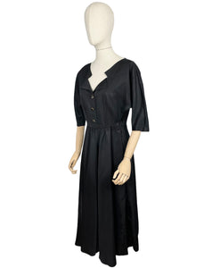 Original 1950's Inky Black Taffeta Cocktail Dress - Fabulous Little Black Dress with Full Skirt and Black and Gold Buttons - Bust 34 35 36