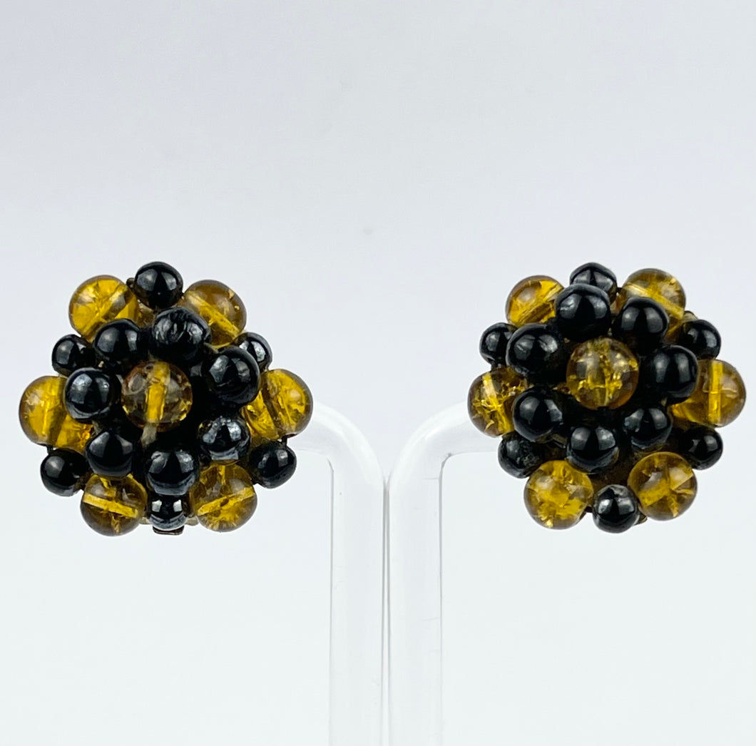 Vintage 1950's German Made Black and Gold Glass Clip-on Earrings