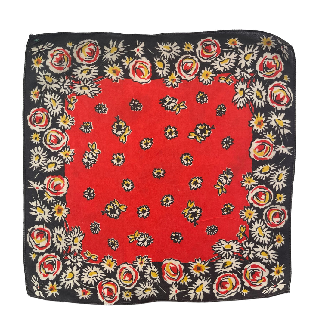 Original 1940's Pure Silk Hankie in Red, Black, White and Yellow Floral - Great Gift Idea