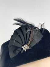 Load image into Gallery viewer, Original 1940s Black Velvet Military Inspired Hat with Paste and Feather Trim

