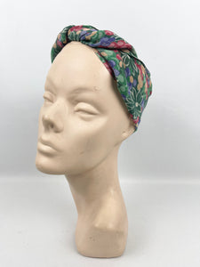 Original 1930's Soft Silk Scarf or Headscarf in Green, Magenta, Purple, White and Brown - Great Christmas Gift