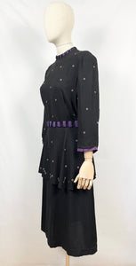 Original Late 1930s or Early 1940s Black Crepe Tunic Dress with Metal Trim - Bust 38 40