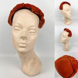 RESERVED Original 1950’s Rust Cotton Velvet Half Hat with Double Bow Trim - Perfect for Autumn