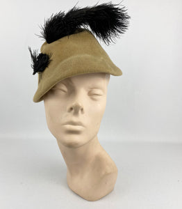 Original 1930s Taupe Felt "Fez" Hat with Black Ostrich Feather Trim