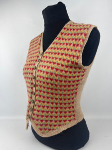 Original 1940s Fair Isle Waistcoat in Red, Green and Yellow - Charming Vintage Knit - Bust 30 31 32