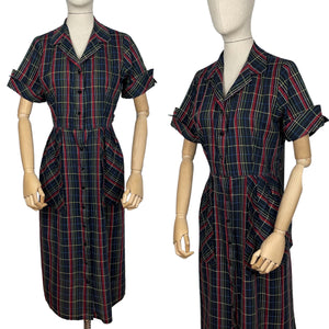 Original 1940’s 1950’s Black and Plaid Fine Cotton Dress with Glass Buttons - Bust 38 *