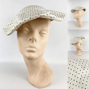 Original 1950s White and Black Straw Hat with Fabulously Shaped Crown and Bow Trim *