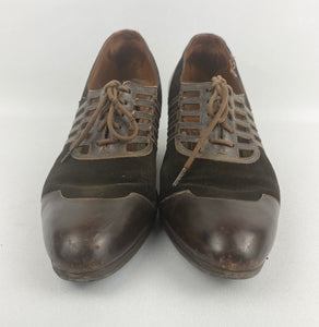 Wounded But Wearable Original 1930s Brown Leather and Suede Lace Up Shoes - Uk Size 6