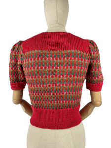 Reproduction 1940’s Hand Knitted Striped Jumper in Cherry Red, Ivy, Rust and Dune - Bust 32 34