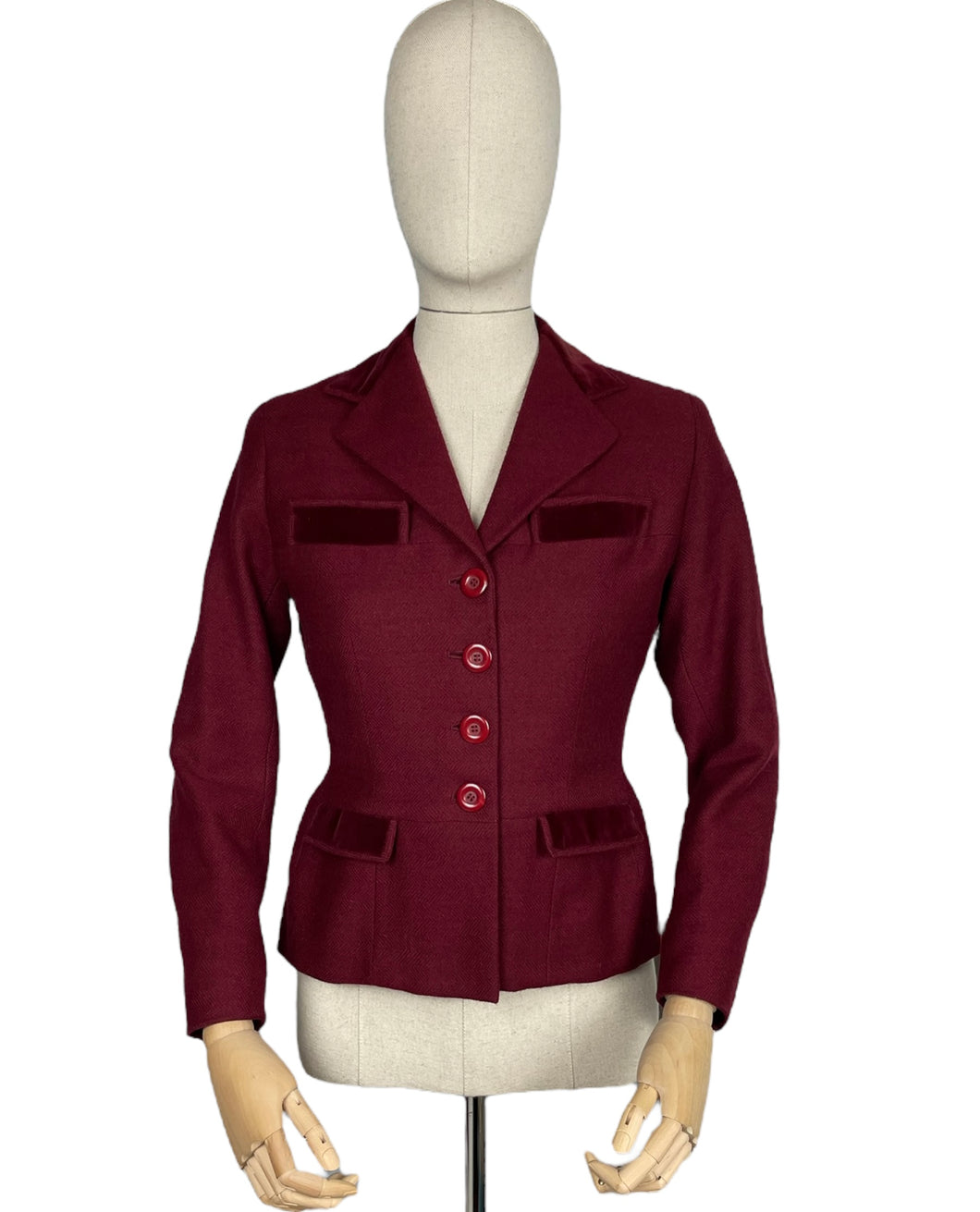 Original 1940's Burgundy Herringbone Wool Jacket with Rich Velvet Trim - Bust 34 35
