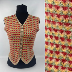 Original 1940s Fair Isle Waistcoat in Red, Green and Yellow - Charming Vintage Knit - Bust 30 31 32