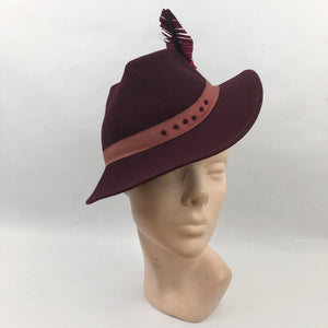 1930s Burgundy Felt Hat with Grosgrain and Feather Trim
