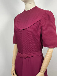 Original 1930s Belted Burgundy Crepe Tunic Dress with Pin Tucked Bodice and Sleeves - Bust 35 36