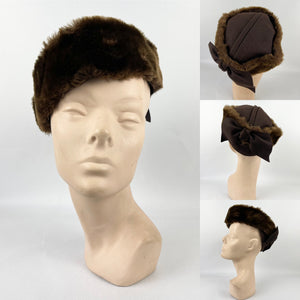 Original 1940s Chocolate Brown Felt Winter Hat Trimmed With Real Fur