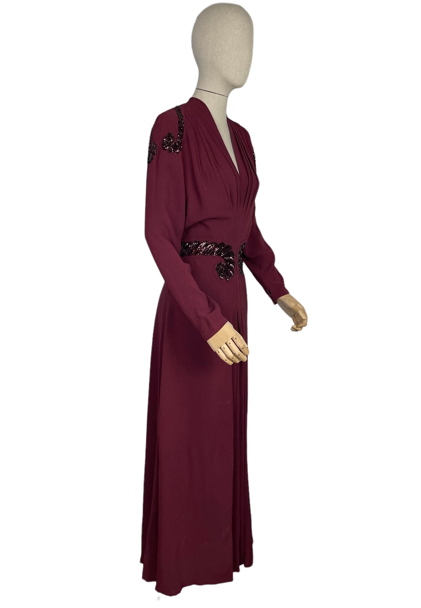 Original 1940's Burgundy Satin Backed Crepe Sequined Evening Dress wit ...