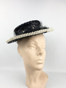 1940s Blue Black and White Hat with Veil