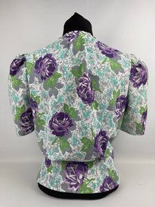 As Is 1940's Reproduction Floral Print Blouse with Large Purple Roses and Tiny Glass Buttons Made From an Original 1940's Feed Sack - Bust 34" 35" 36"