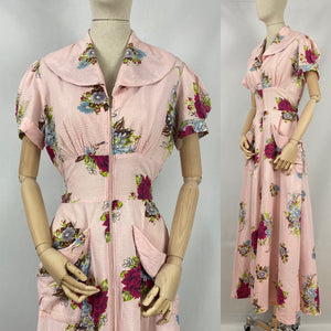 Original 1940s Hostess Gown in Pretty Pink Rose Print - Great Maxi Dress - Bust 36 38