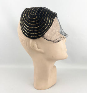 Fabulous Original 1950's Black Straw Cocktail Hat with Gold Trim and Net - Perfect Evening Hat