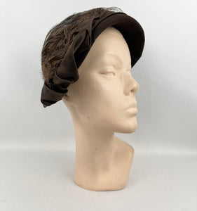 RESERVED Original 1930's Dark Brown Close Fitting Felt Hat with Feathers, Net and Ribbon Trim