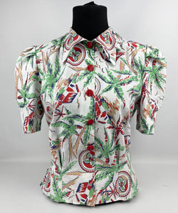1940s Reproduction Novelty Print Blouse with Buildings and Palm Trees - B34 35 36