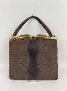 Wounded Original 1940's Brown Ostrich Leather Handbag