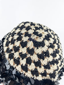 Original 1920's 1930's Black and White Crochet Beret - Cap with Sequin Trim *