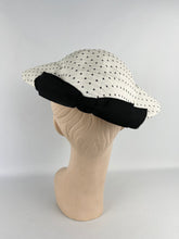 Load image into Gallery viewer, Original 1950s White and Black Straw Hat with Fabulously Shaped Crown and Bow Trim *
