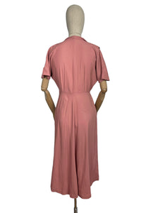 Original 1950's Dusky Pink Day Dress with Burgundy Buttons - Bust 36