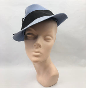 1930s Cornflower Blue Felt Fedora Hat with Black Grosgrain Trim