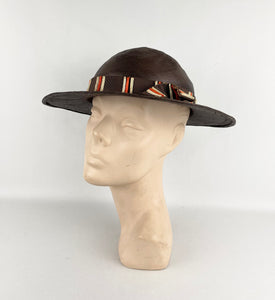 Original 1930s American Made Fine Brown Straw Summer Hat with Cream, Brown and Rust Grosgrain Trim *