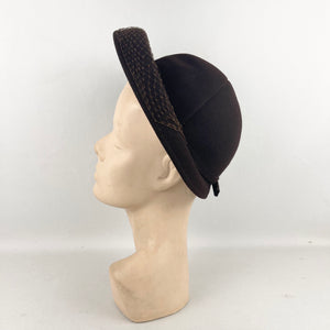 Original 1930's or 1940's Dark Brown Felt Hat by Jacoll with Net Trim *