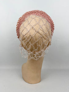 Original 1930s Pastel Pink Crochet Bridal Headband With Snood - Vintage Wedding Hat