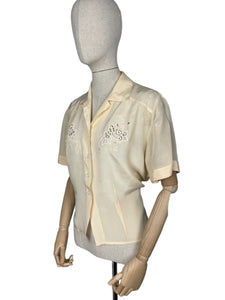 Original 1940's Cream Rayon Blouse with Embroidery - Make Do and Mend - Bust 40 42