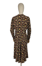 Load image into Gallery viewer, Original 1930’s Brown Crepe Long Sleeved Dress with Pretty Floral Print - Bust 34 36 38 *

