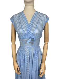 Original 1950's Blue and White Stripe Sundress with Bow Detail - Bust 34 35